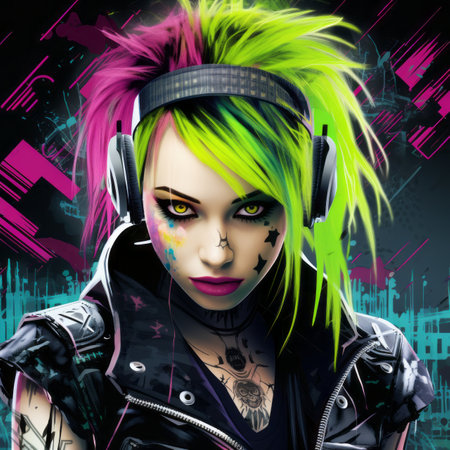 a woman with colorful hair and headphonesの素材