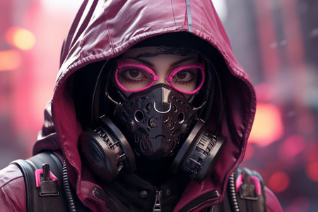 a woman wearing a gas mask and a pink hoodieの素材