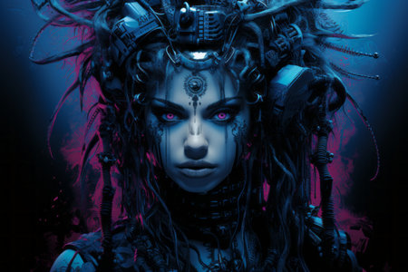 a woman with blue hair and purple makeup on her faceの素材