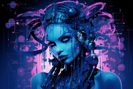 a woman with blue and purple makeup on her faceの素材