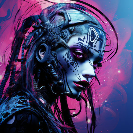 a woman with blue and pink makeup and a robot headの素材