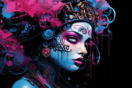 a woman with blue and pink makeup on her faceの素材