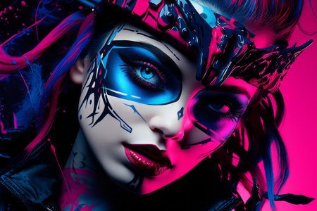 a woman with blue and pink makeup on her faceの素材