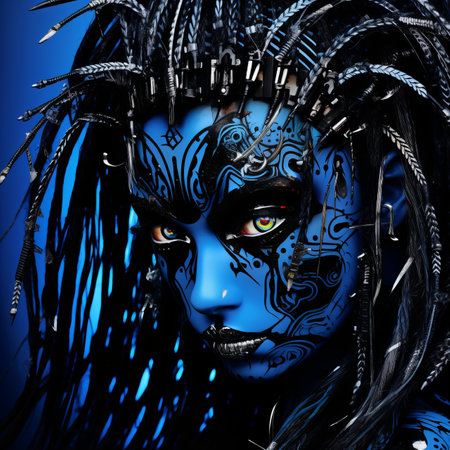 a woman with blue and black makeup on her faceの素材