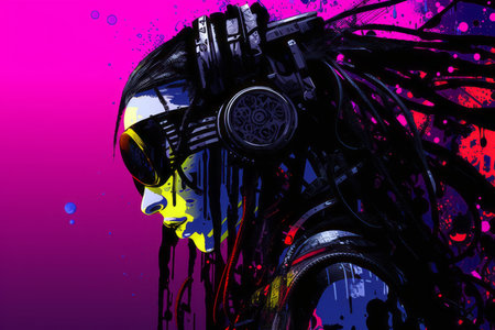 a woman with dreadlocks and headphones in front of a colorful backgroundの素材