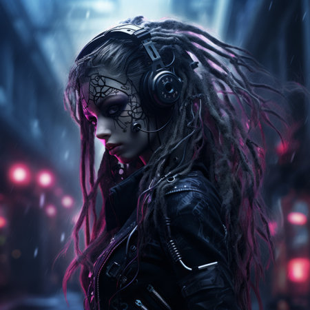 a woman with dreadlocks and headphones in the rainの素材