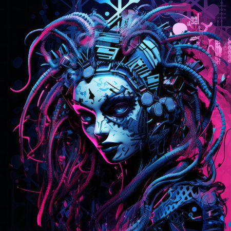 a woman with blue and pink hair in a cyberpunk styleの素材