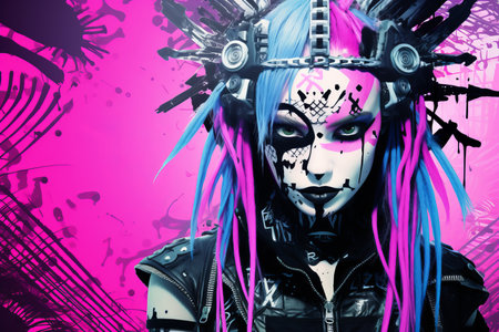 a woman with blue and pink hair and a skull headpieceの素材