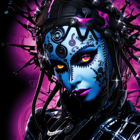 a woman with blue and purple makeup on her faceの素材
