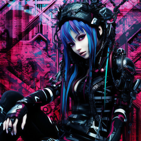 a woman with blue hair and purple hair sitting on a chairの素材