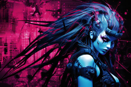 a woman with blue hair and purple makeup in front of a pink backgroundの素材