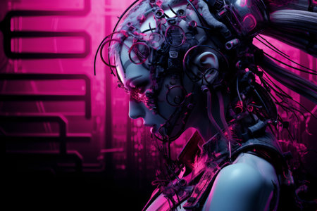 a woman with a cyber head and pink hair in front of a purple backgroundの素材