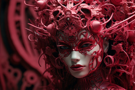 a woman wearing a red mask and headpieceの素材