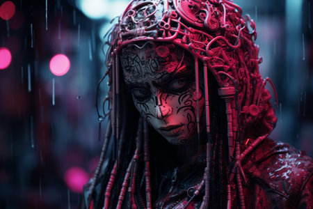 a woman with dreadlocks and makeup standing in the rainの素材