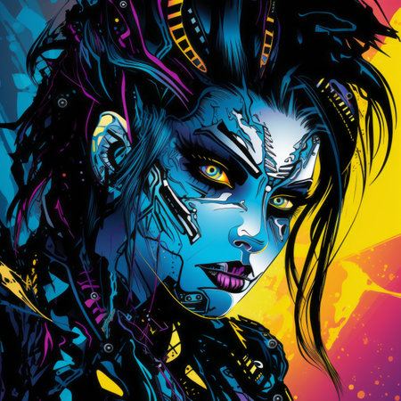 a woman with blue and purple makeup on her faceの素材
