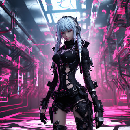 a woman with blue hair standing in front of a pink backgroundの素材