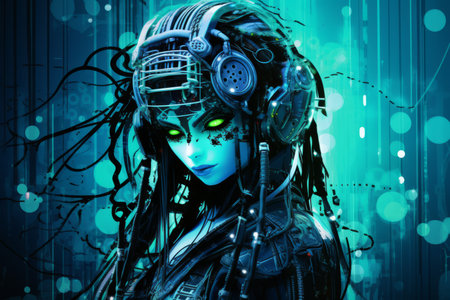 a woman with glowing green eyes and dark hairの素材