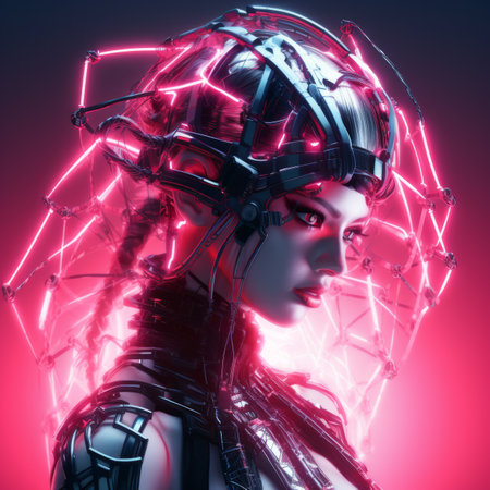 a woman with glowing neon lights on her headの素材