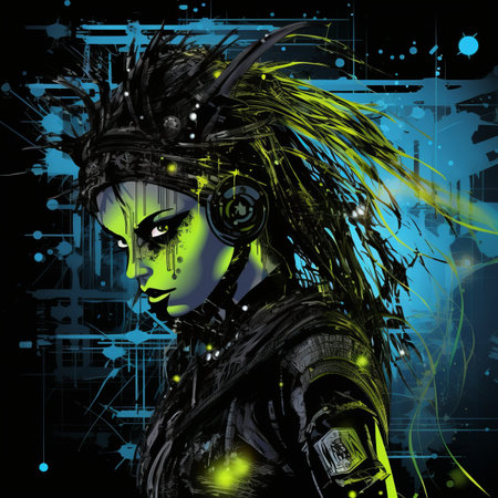 a woman with glowing eyes and black hair on a black backgroundの素材