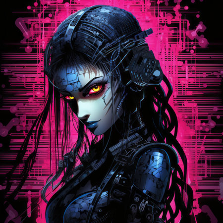 a woman with glowing red eyes and dark hairの素材