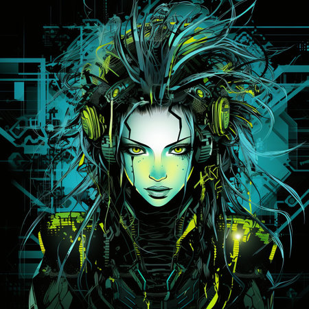 a woman with glowing eyes and dark hairの素材