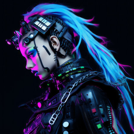 a woman with blue hair and neon hair in a futuristic outfitの素材
