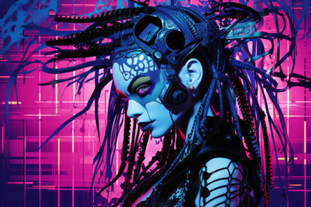 a woman with blue and purple makeup on her faceの素材