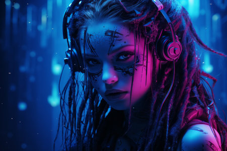 a woman with dreadlocks and headphones in the darkの素材