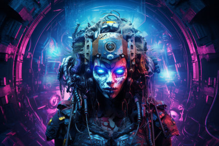 a woman with glowing blue eyes in a sci - fi settingの素材