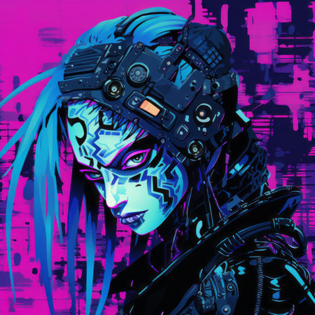 a woman with blue hair and purple makeup on her faceの素材