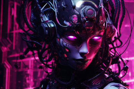 a woman with glowing purple eyes in a futuristic settingの素材
