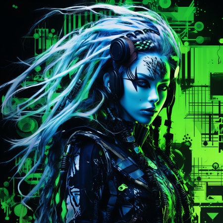 a woman with blue hair and green hair is standing in front of a green and black backgroundの素材