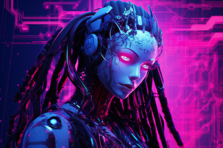 a woman with dreadlocks and glowing eyes in front of an electronic circuit boardの素材