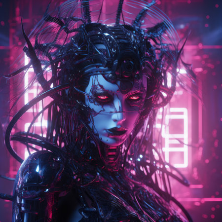 a woman with glowing red eyes in a futuristic settingの素材