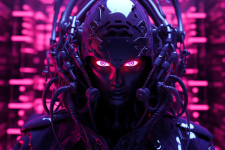 a woman with glowing red eyes in front of a purple backgroundの素材