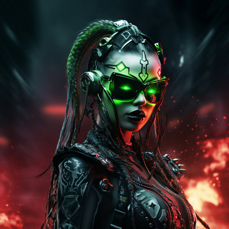a woman with green glowing eyes in a dark backgroundの素材