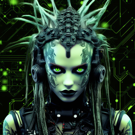 a woman with green eyes and green hair on a green backgroundの素材