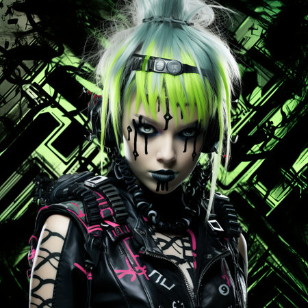 a woman with green hair and neon green makeupの素材