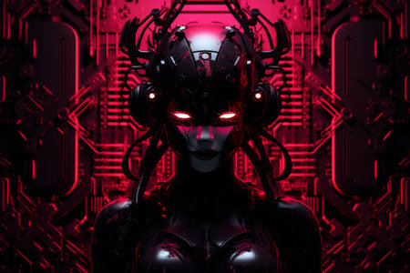 a woman with glowing red eyes in front of a red backgroundの素材