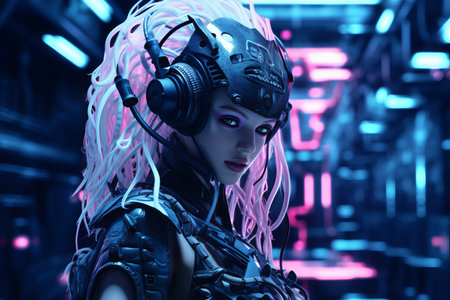a woman with pink hair and headphones in a futuristic settingの素材