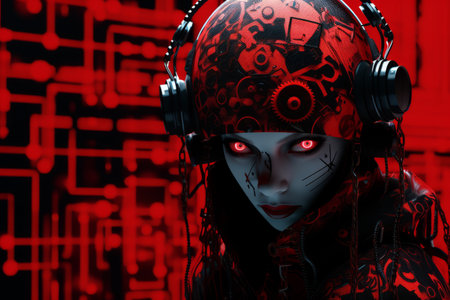 a woman with headphones on her head in front of a red and black backgroundの素材