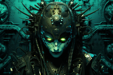 a woman with green eyes and a headpiece on her headの素材