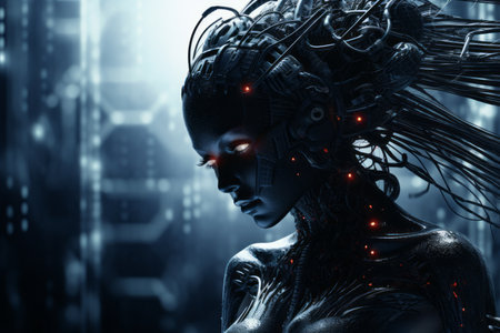 a woman with glowing red eyes in a futuristic settingの素材