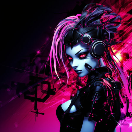a woman with headphones on her head and pink hairの素材