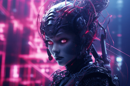 a woman with glowing red eyes in a futuristic settingの素材