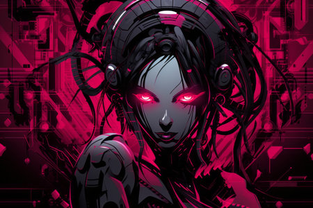 a woman with glowing red eyes in the middle of a dark backgroundの素材