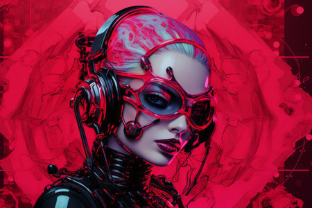 a woman with headphones and a red backgroundの素材