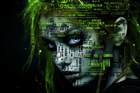 a woman with green hair and a face made up of computer codeの素材