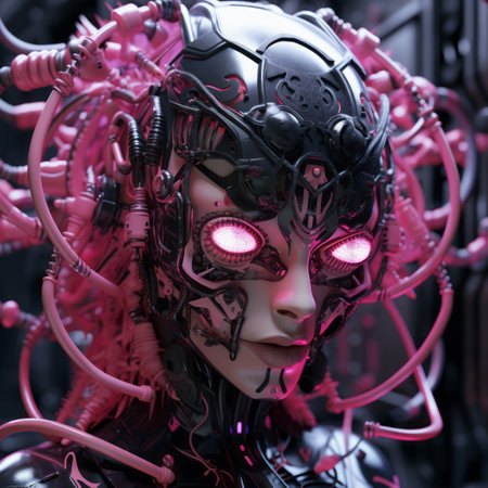 a woman with pink glowing eyes in a dark roomの素材