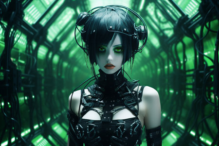 a woman with green eyes and black hair in a futuristic settingの素材